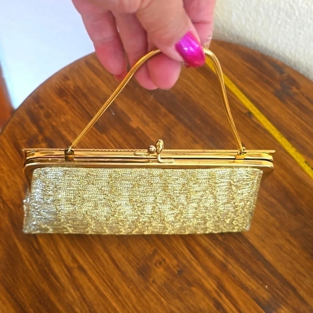 Vintage Gold Metallic Fabric Clutch Short strap Wristlet Retro PARTY Dance